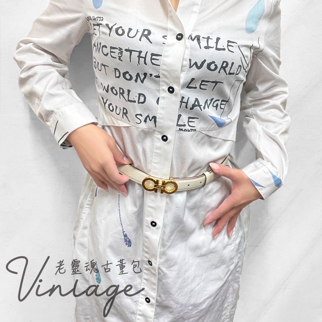 Ferragamo 奶昔白皮帶