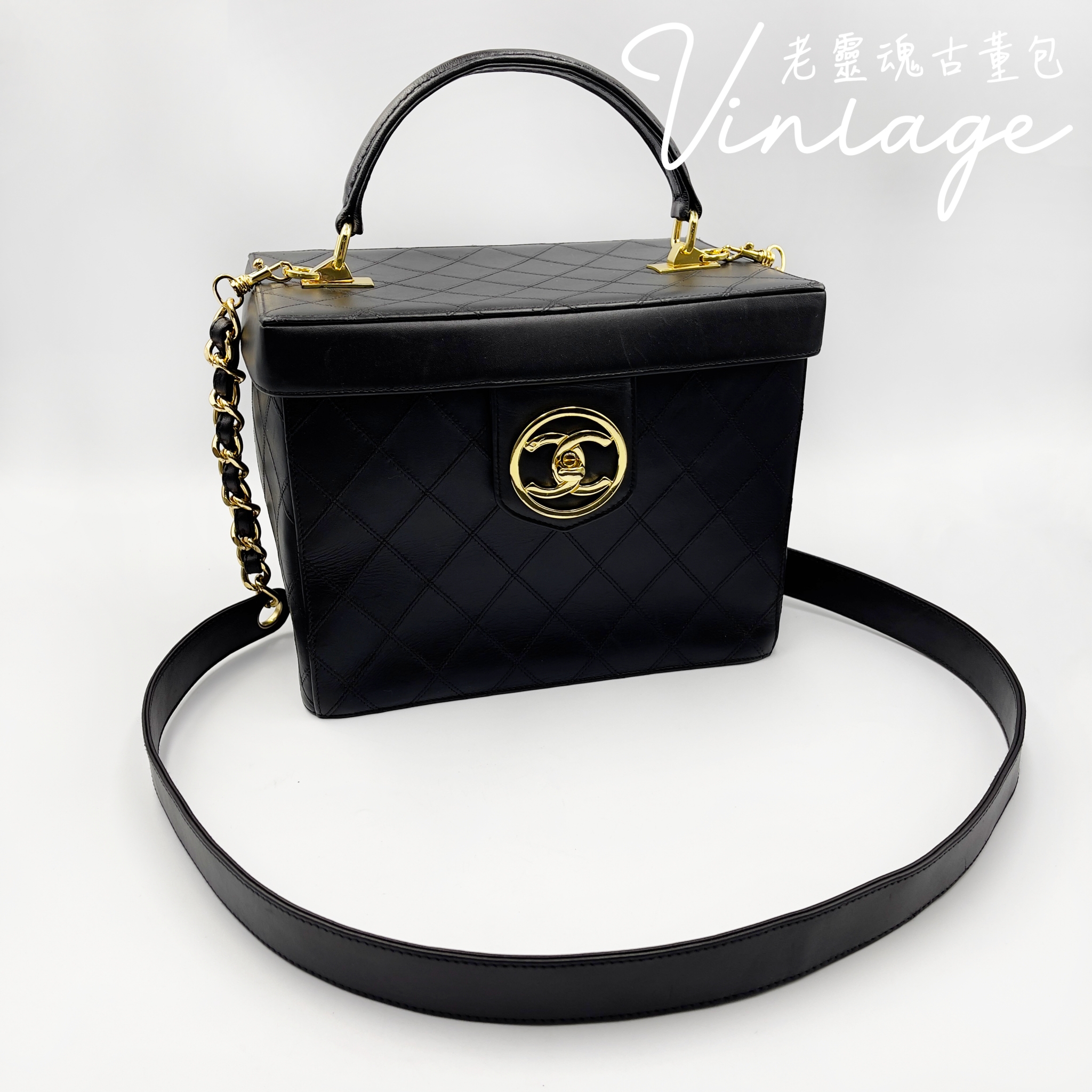 CHANEL黑金手提帶鏡化妝箱包